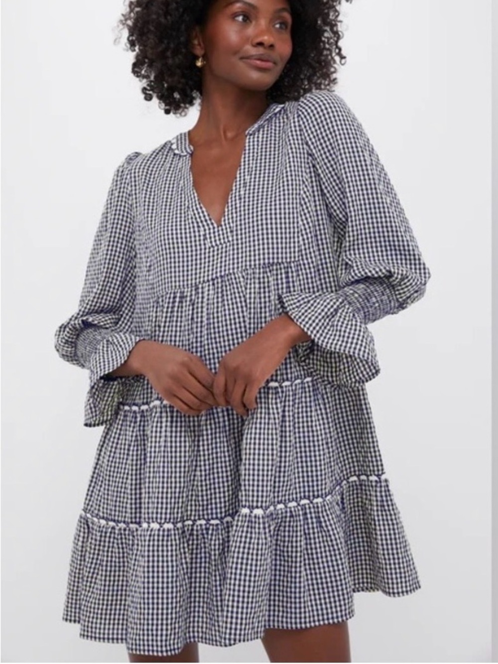 Pomander Place Tuckernuck Navy Gingham Tiered Long-Sleeve Kenzo Dress Sz S